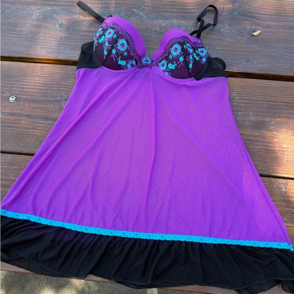 Per Lei vintage Y2K purple/black baby doll slip on size L with bra floral sheer - Picture 1 of 8